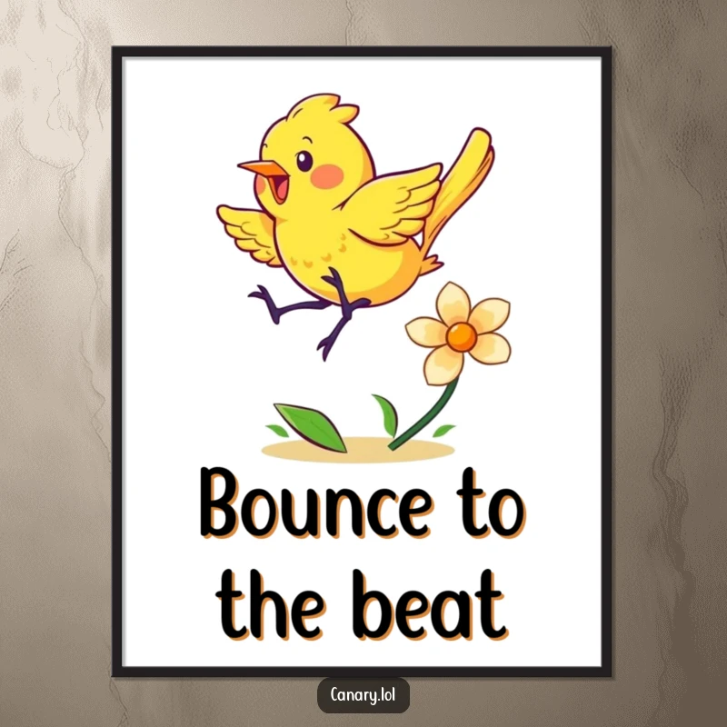 Funny poster showcasing a dynamic yellow canary mid-bounce on a springy flower, capturing pure excitement and movement.