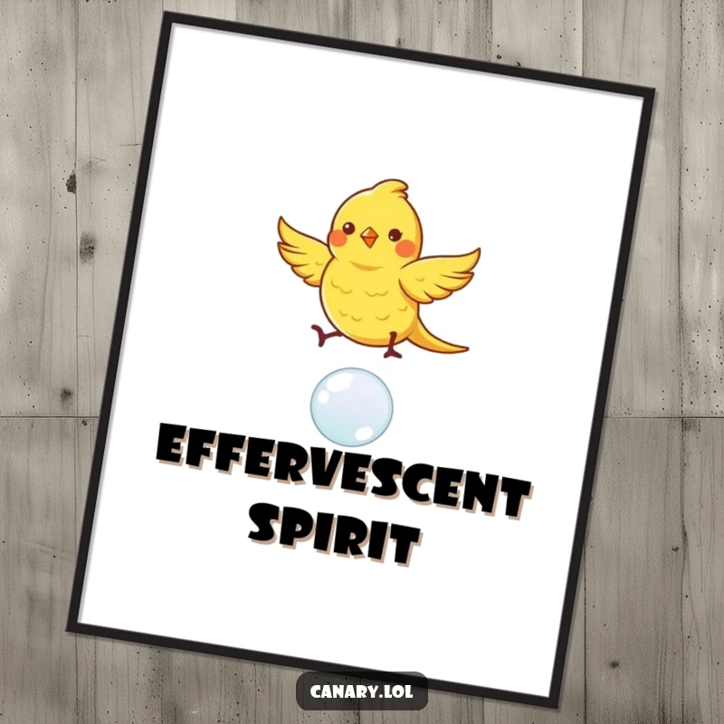 Funny canary bird poster, dancing with fluttering wings on a bouncing bubble, adding whimsical and humorous art to walls.