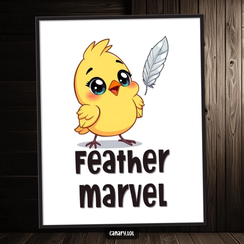 Funny astonished canary bird poster, wide eyes in shock, watching a single feather float effortlessly. Humorous and expressive wall art.