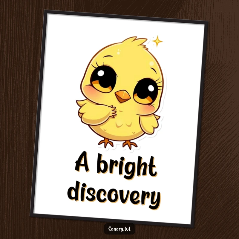 Funny stylized canary poster with big bright eyes pecking a golden sparkle, conveying wonder and humorous pursuit, ideal for magical wall art.