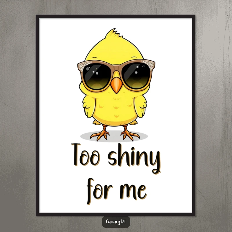 Funny canary bird with oversized, sparkly sunglasses, a humorous wall art print for bird lovers.