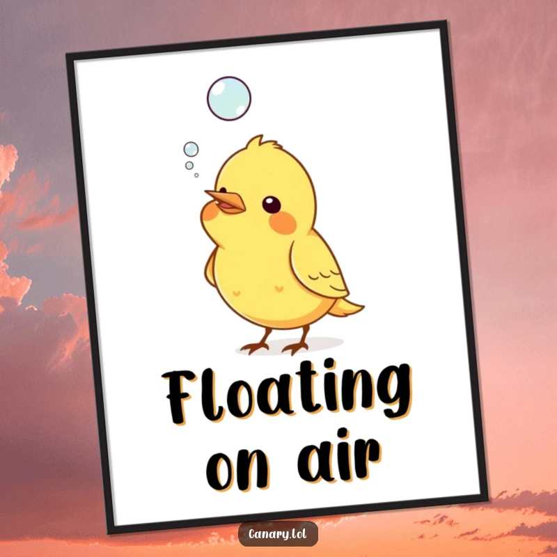 Funny poster print of a canary bird blowing a large, shiny bubble from its beak, which floats upwards into the air.