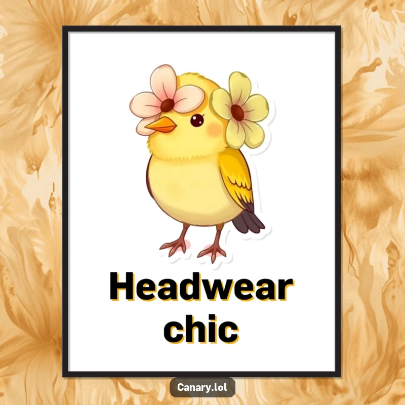 Funny small canary bird poster, trying to wear a vibrant flower as a hat, looking endearingly confused. Whimsical wall art.