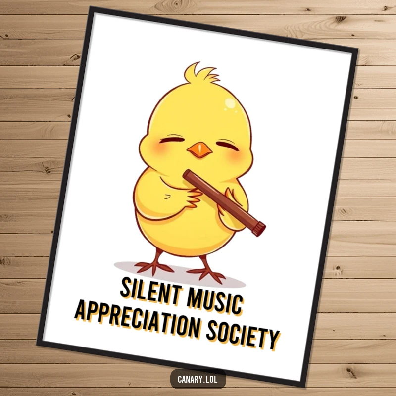 Funny poster depicting a canary with eyes peacefully closed, playing a small flute, creating an aura of calm and melodic happiness.