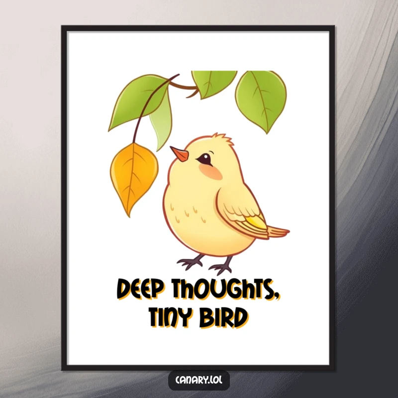 Funny Poster print showcasing a yellow canary's curious head tilt as it watches a single red leaf gently fall in an autumn setting.