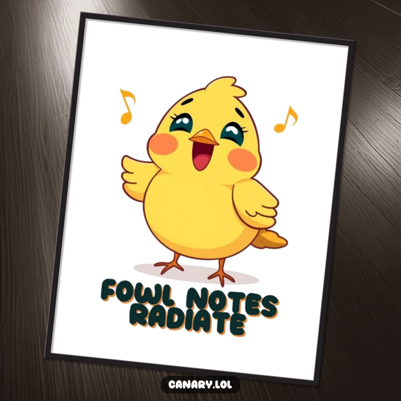 Funny poster art of a cheerful canary bird puffing its chest out, joyfully singing a bright, melodic tune, bringing cheer to walls.