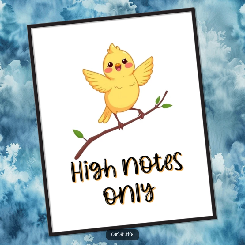 Funny dancing canary poster, a lively yellow bird performing a ballet on a thin, unstable, swaying branch.