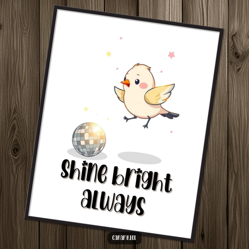 Funny poster showcasing a bird's ecstatic dance around a sparkling disco ball, radiating energy and fun.