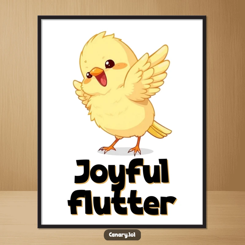 Funny Poster of a fluffy canary bird, wings fluttering playfully in an expression of vibrant excitement and happiness.