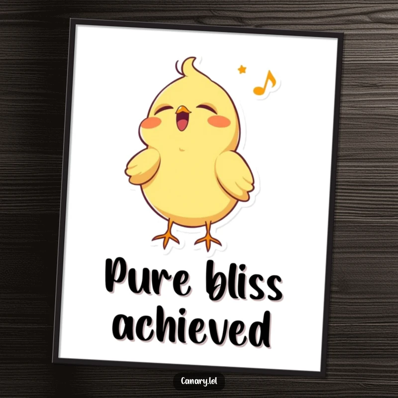 Funny canary bird poster, singing with eyes closed and head tilted back, capturing pure joy and musical bliss.