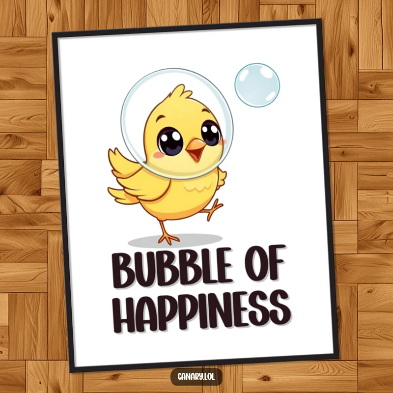 Funny canary bird poster, exaggeratedly joyful eyes, chasing a floating soap bubble, uplifting and playful decor.
