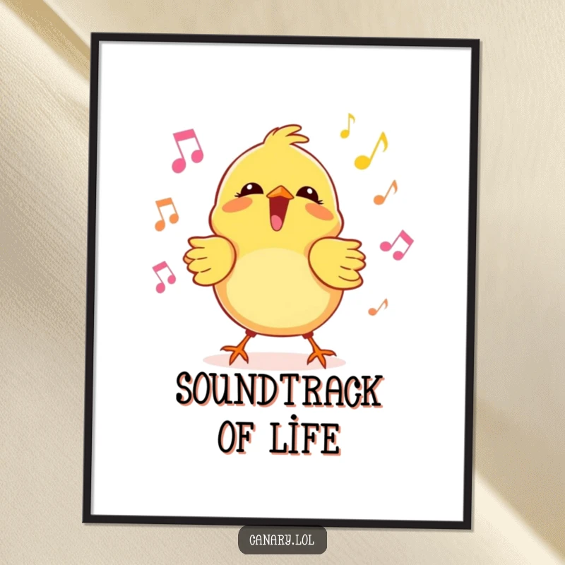 Funny kawaii canary poster showing a bird singing joyfully with musical notes, adding humorous and musical wall art.