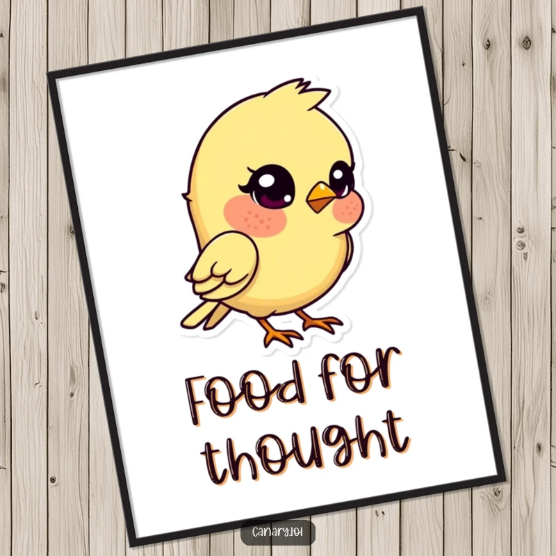 Funny kawaii canary bird poster, head tilted quizzically, a charming and humorous piece of wall art.