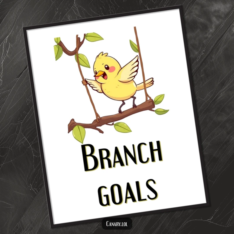 Funny Kawaii Canary Poster depicting a super cute bird energetically hopping on a swinging branch, conveying pure bliss and playful movement.