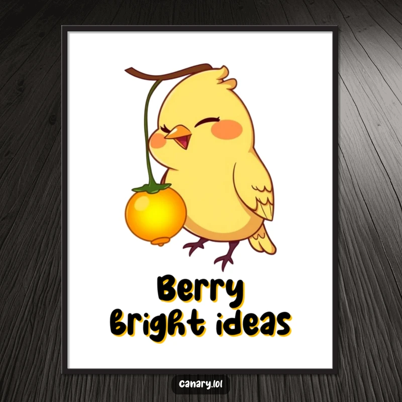 Funny canary bird poster, mischievous grin, pecking a glowing berry, captivating and humorous wall decor.