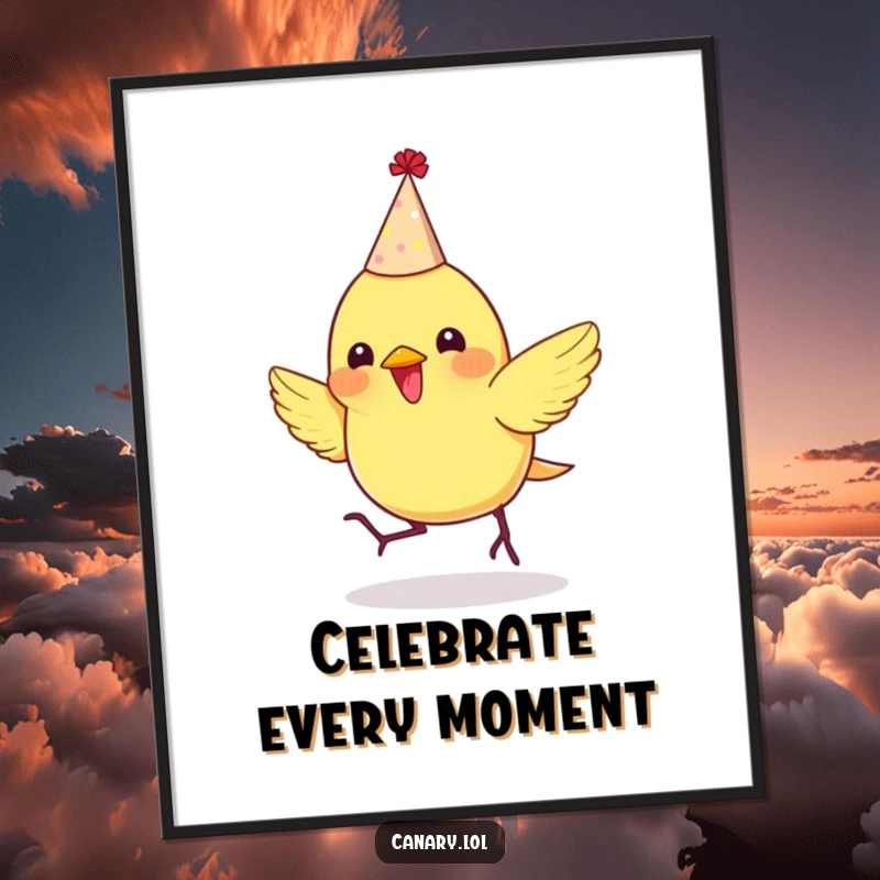 Funny poster of a tiny canary wearing a party hat, bouncing enthusiastically, adding festive energy to walls.