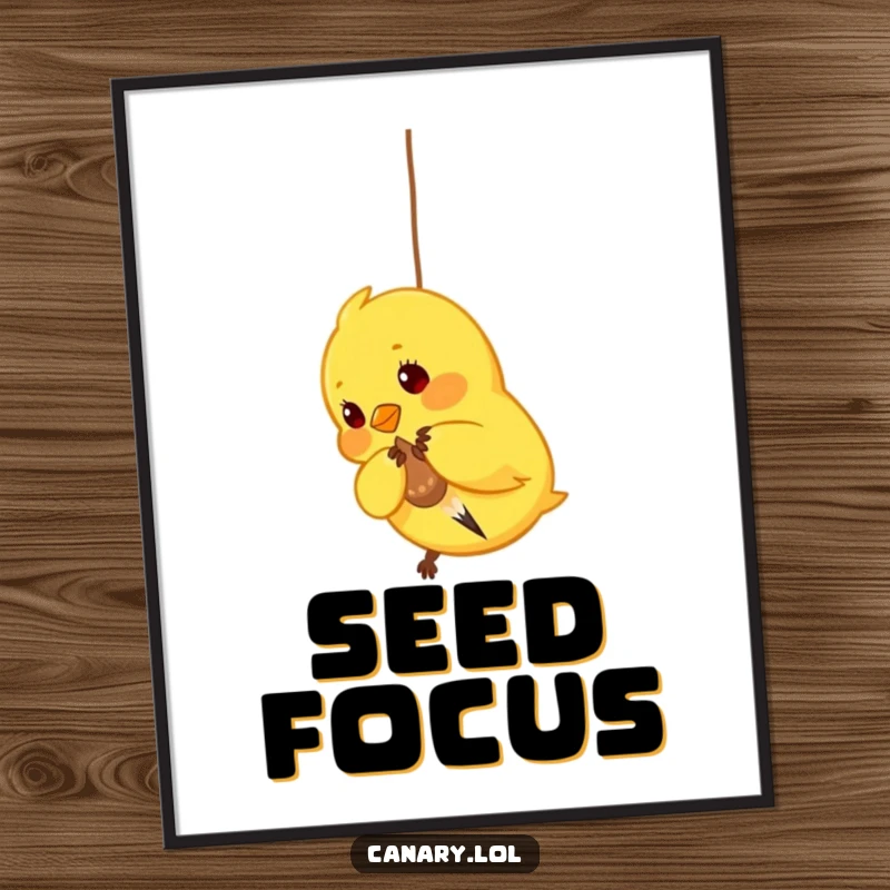Funny Canary Poster: Artistic print of a bright yellow bird playfully pecking at a dangling seed, capturing a moment of focus.