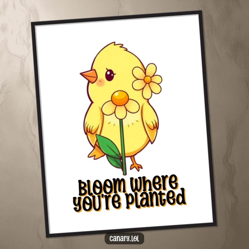 Funny poster depicting a shy canary with a subtle smile, offering a single, perfect flower, conveying tenderness and heartfelt emotion.