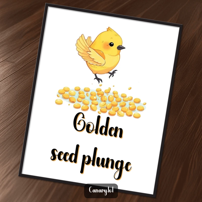 Funny Canary Bird Poster: A happy canary bird dives into a shimmering pool of golden seeds, exuding vibrant energy and humorous delight.