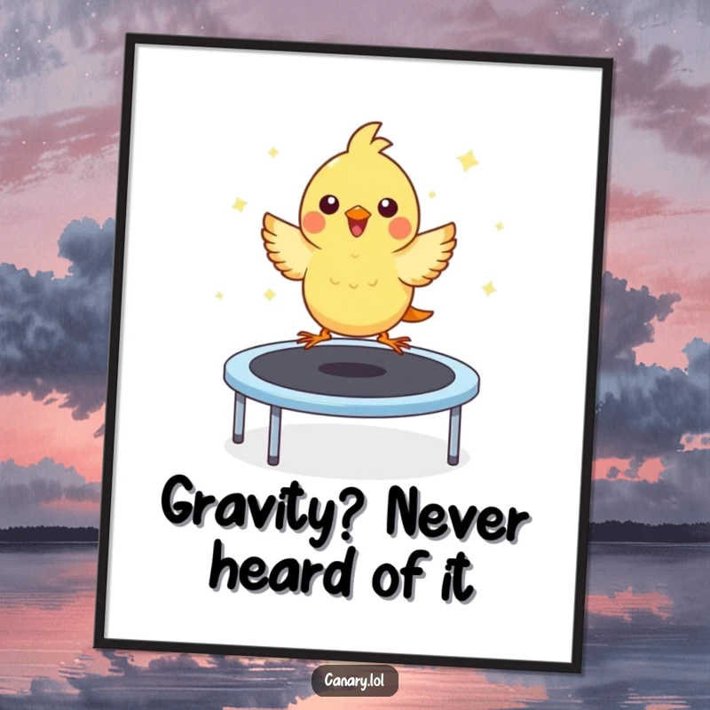 Funny poster showcasing a kawaii canary with eyes closed in bliss, performing an epic bounce on a trampoline, radiating infectious, youthful joy.