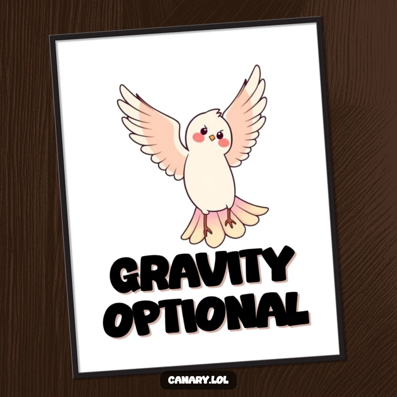 Funny poster of a bird with wings spread wide, doing a graceful pirouette in the air, adding humor to any wall.