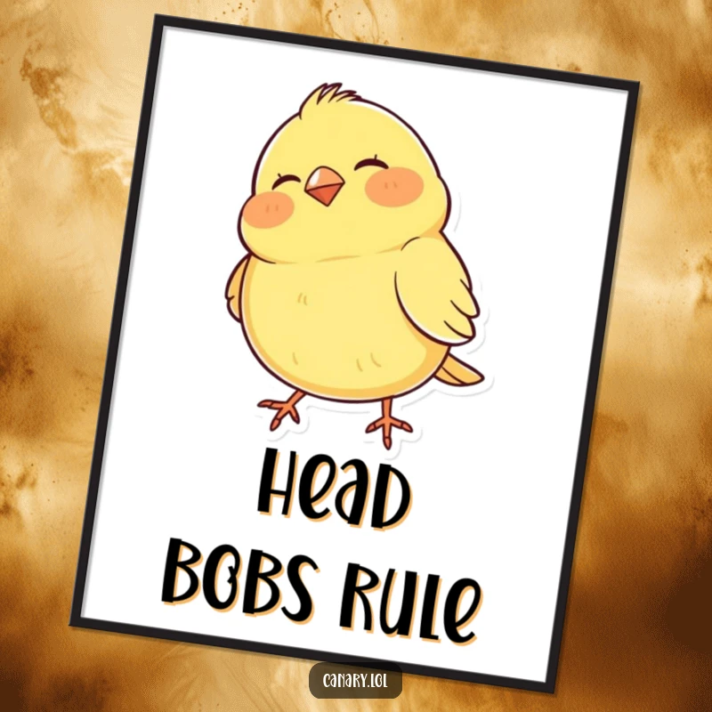 Funny Poster depicting a happy canary with puffed cheeks, captured mid-bob in a rhythmic dance, adding a touch of humor.