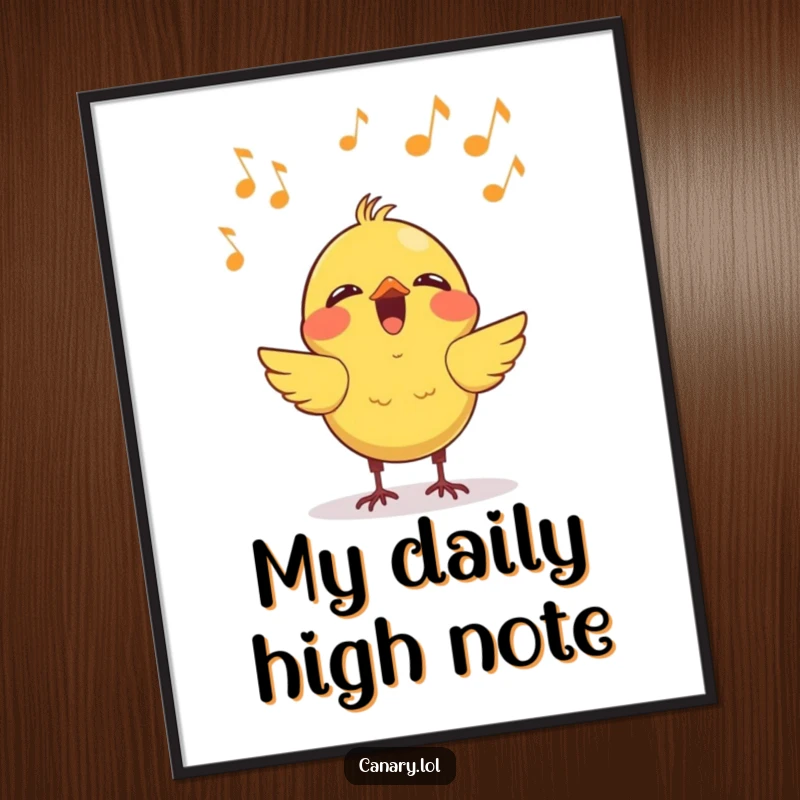 Funny kawaii canary singing poster, featuring a delightful bird with musical notes floating upwards, creating a cheerful and humorous wall art piece.