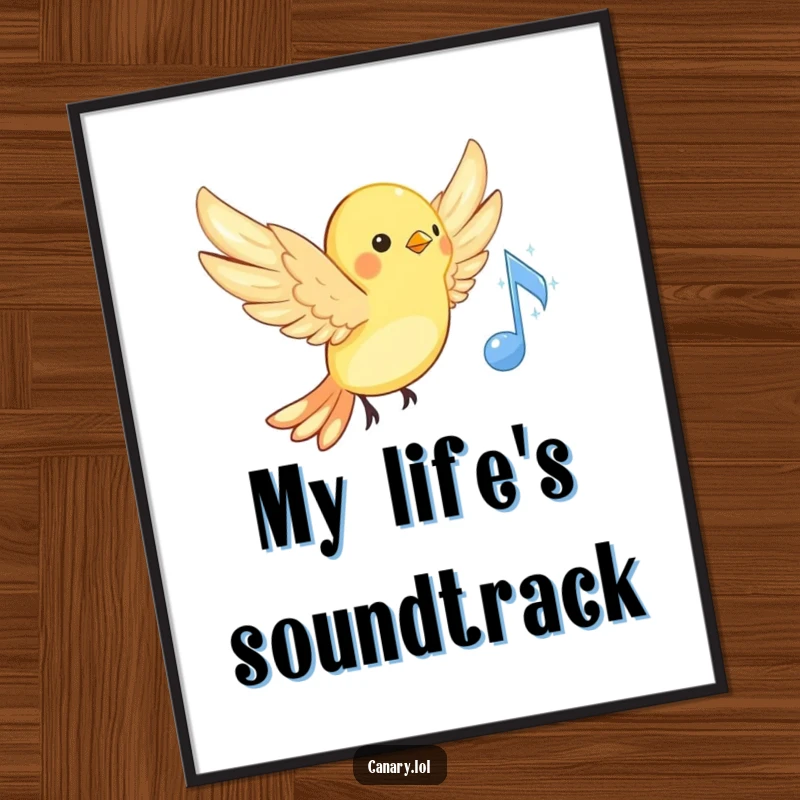 Funny musical canary poster, wings spread wide, near a sparkling musical note, vibrant wall art, cheerful bird.