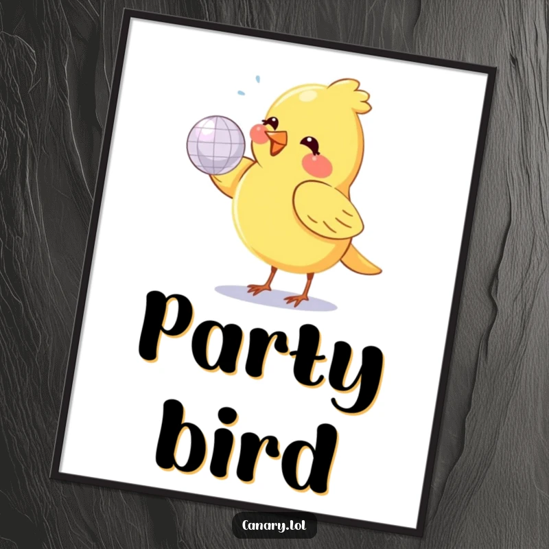 Funny canary bird, small and round, joyfully spinning a tiny, shiny disco ball, as a poster.