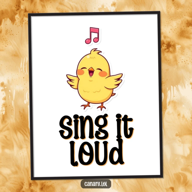 Funny Canary Poster: Artistic print of a cheerful bird singing loudly with a prominent musical note, ideal for music rooms.