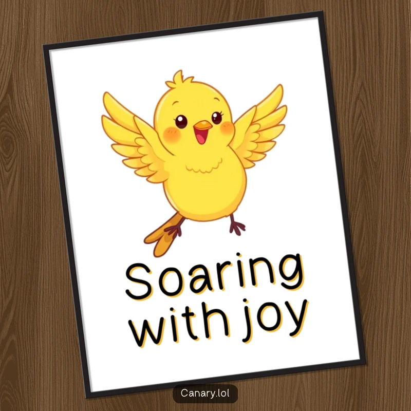Funny kawaii canary bird poster, wings fluttering with playful energy, a dynamic and humorous piece of wall art.