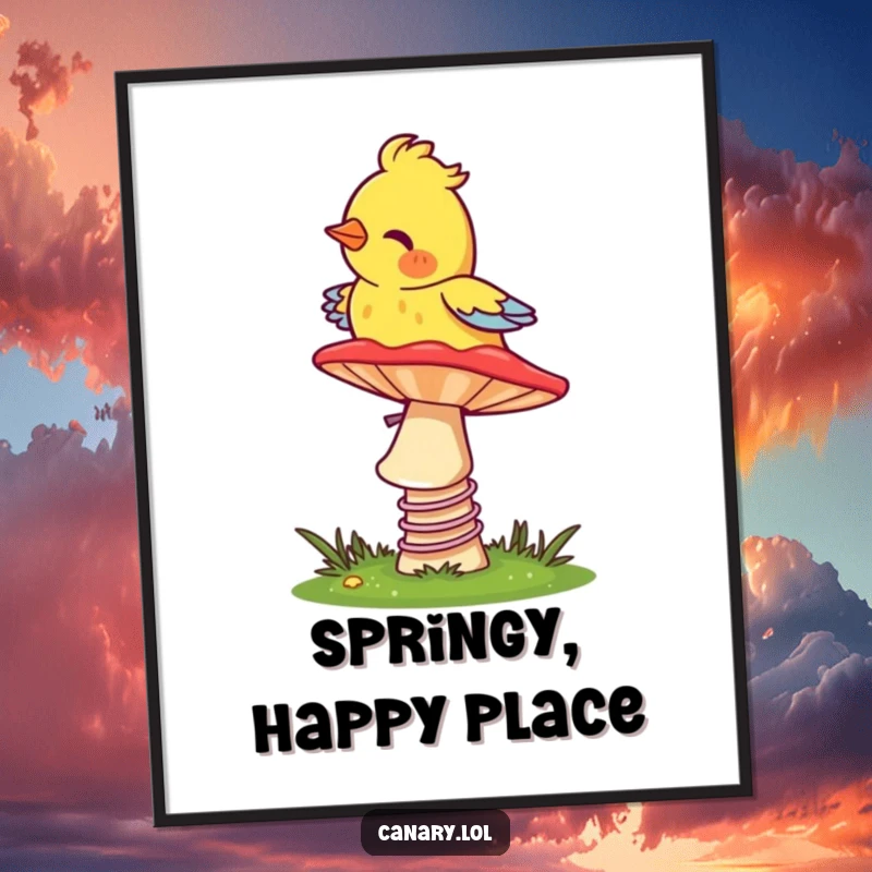 Funny Canary Poster: A vibrant illustration of a canary bouncing on a colorful mushroom, a symbol of carefree fun and fantasy.