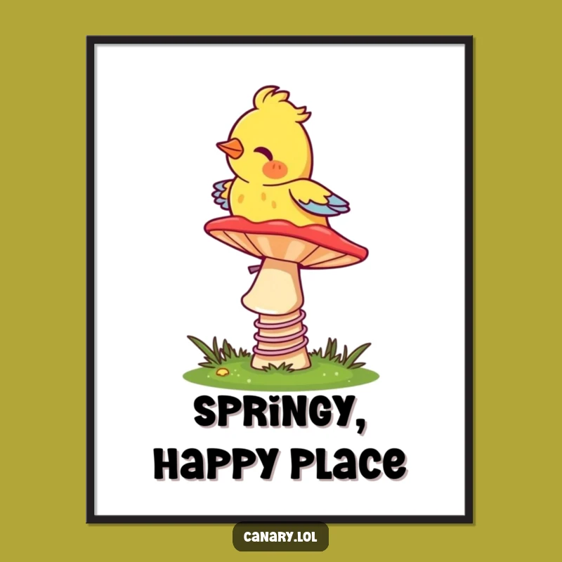 Funny Canary Mushroom Poster - Whimsical Bouncing Bird Art