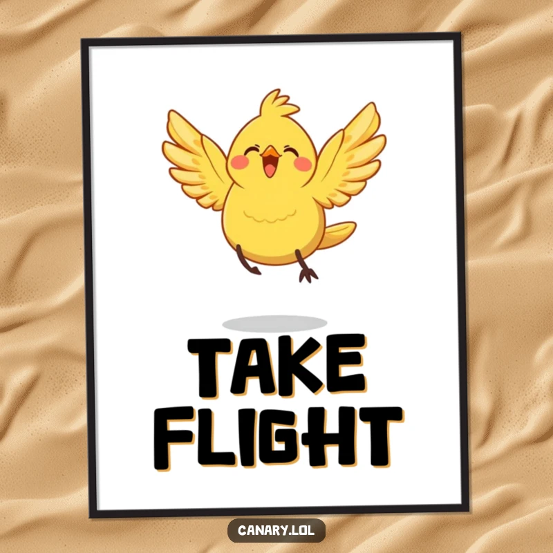 Funny Poster: A cheerful canary bird with wings spread wide takes a dynamic, joyful leap, adding vibrant energy to any room.