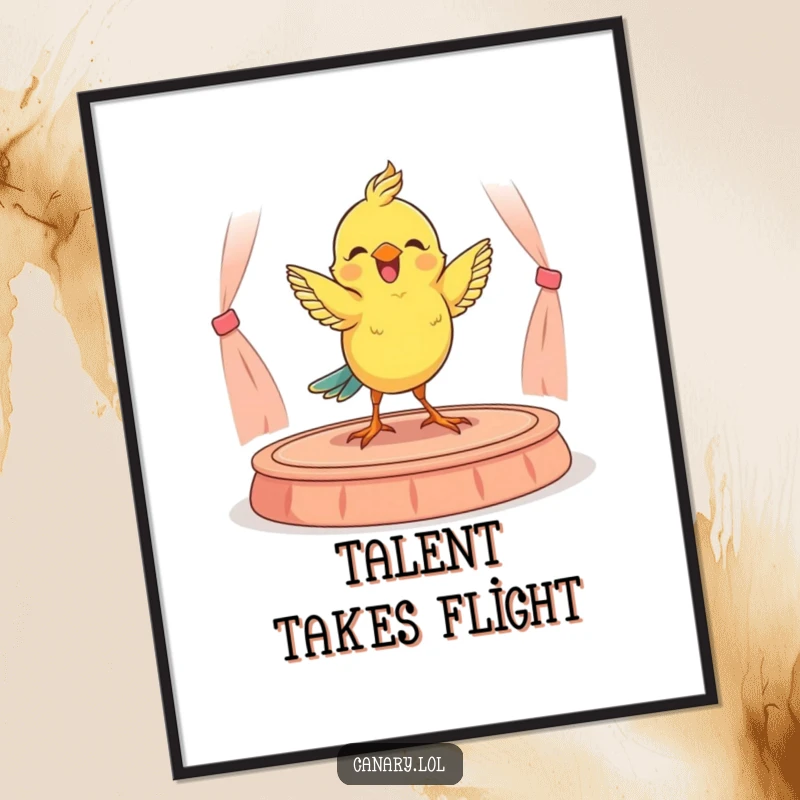 Funny poster art of a happy yellow canary performing an energetic dance on a miniature stage, capturing a moment of pure joy.