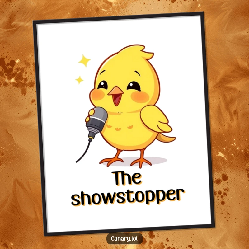 Funny poster print of a canary bird holding a small microphone and singing with all its might, looking like a star.