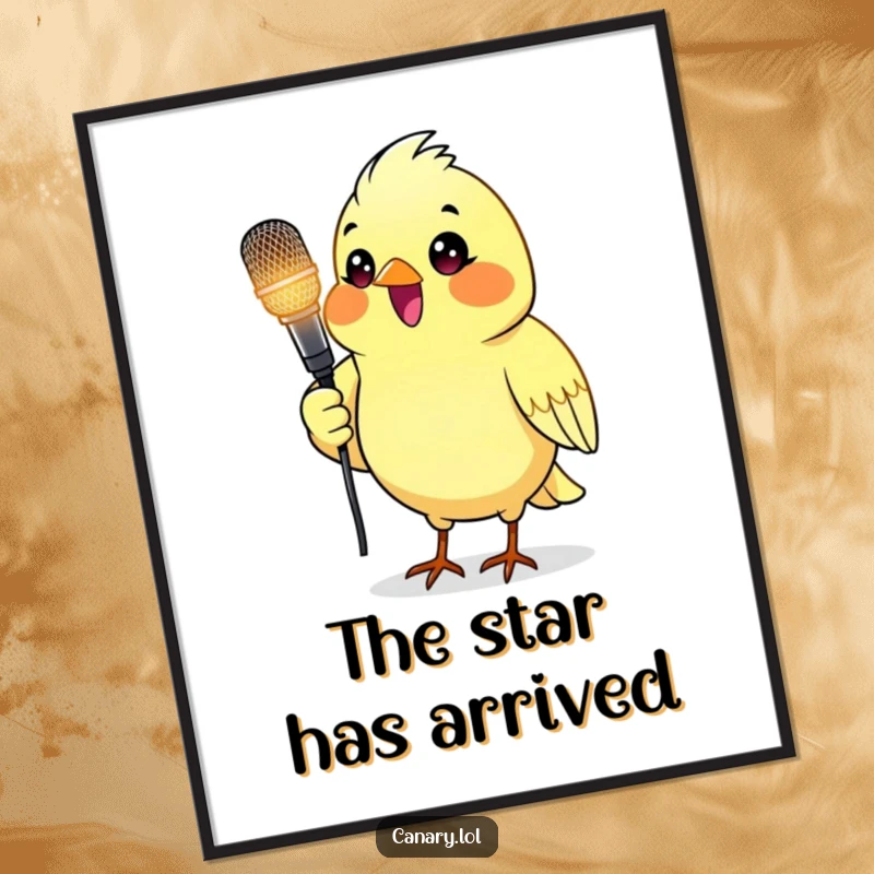 Funny poster print of a canary bird holding a glowing microphone, ready to perform with passion.