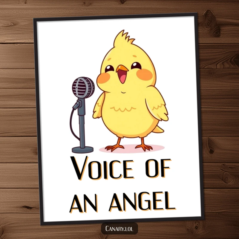 Funny Canary Microphone Poster showing a beaming canary energetically singing into a miniature microphone, radiating stage presence.