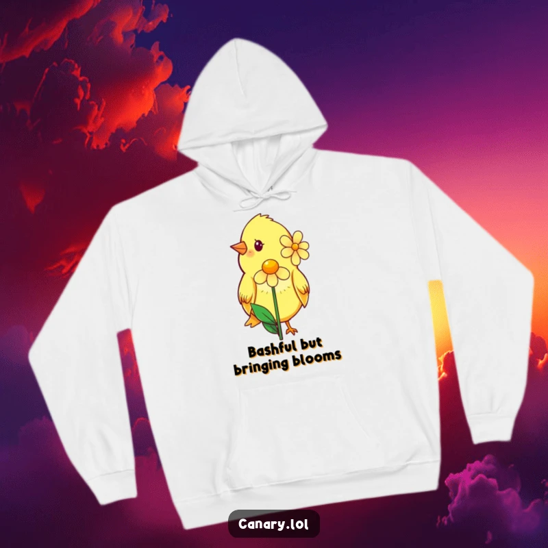 Funny hoodie featuring a shy canary with a gentle smile, presenting a single, perfect flower, radiating quiet affection and warmth.