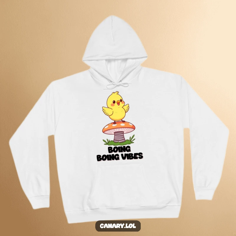 Funny Canary Spring Hoodie depicting a happy canary bouncing gleefully on a vibrant, springy mushroom cap.
