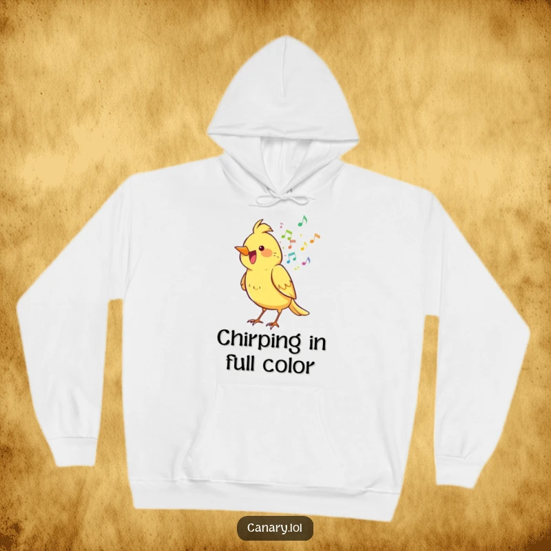 Funny canary bird in a hoodie, creatively spilling a rainbow of musical notes, perfect for cozy humor.