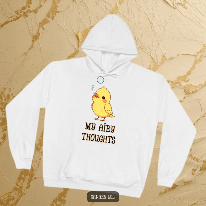 Funny hoodie showing a canary bird blowing a large, translucent bubble from its beak that drifts serenely upwards.