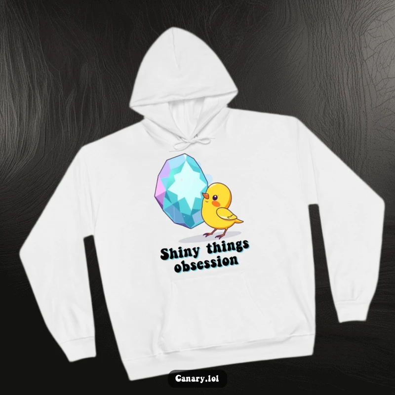 Funny hoodie depicting a curious canary bird intently pecking at a brilliantly sparkling giant gem, perfect for cozy humor.