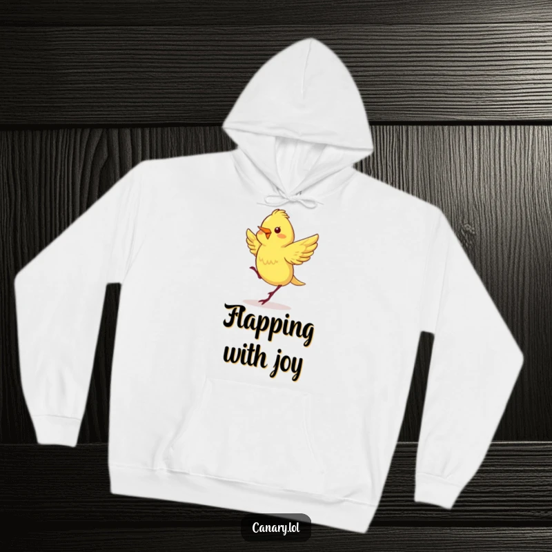 Funny hoodie depicting a cheerful canary with wings a blur of motion, enthusiastically doing a happy dance.