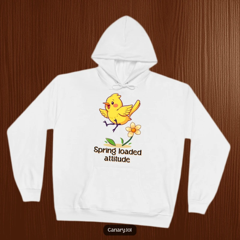 Funny hoodie with a cheerful yellow canary energetically bouncing on a springy flower, designed for maximum comfort and smiles.