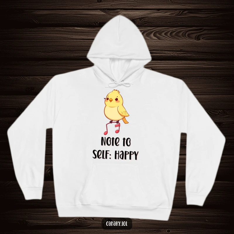 Funny canary hoodie designed with a content yellow bird perched on a tiny musical note, looking delightfully pleased.