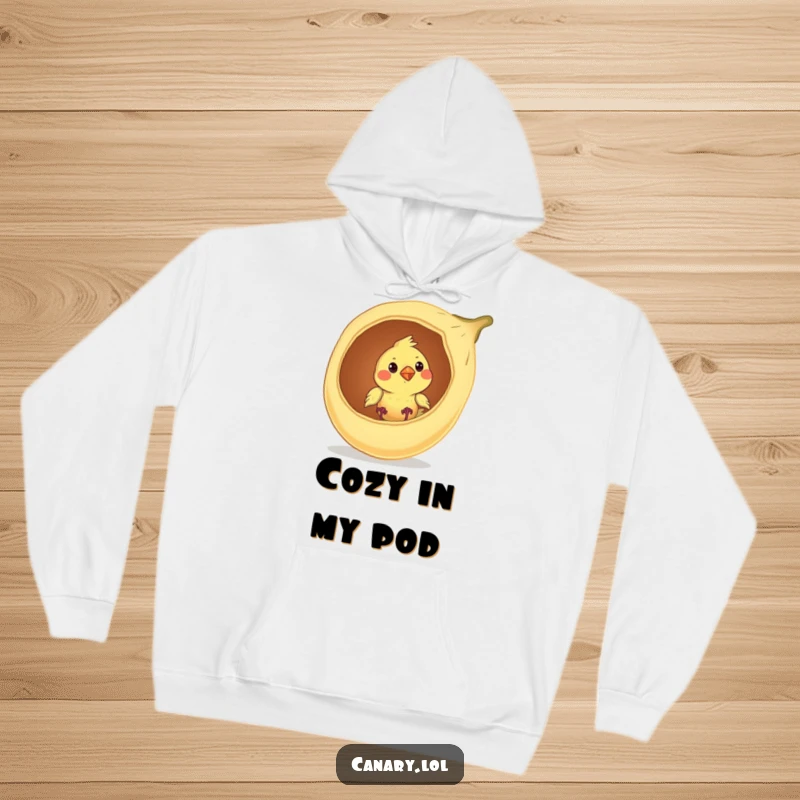 Funny canary bird hoodie, peeking curiously from a giant seed pod, offering cozy comfort and whimsical humor.