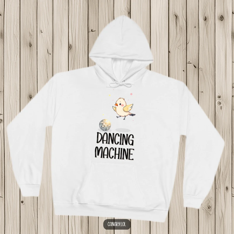 Funny hooded sweatshirt featuring a bird excitedly hopping around a shiny disco ball, perfect for dance lovers.
