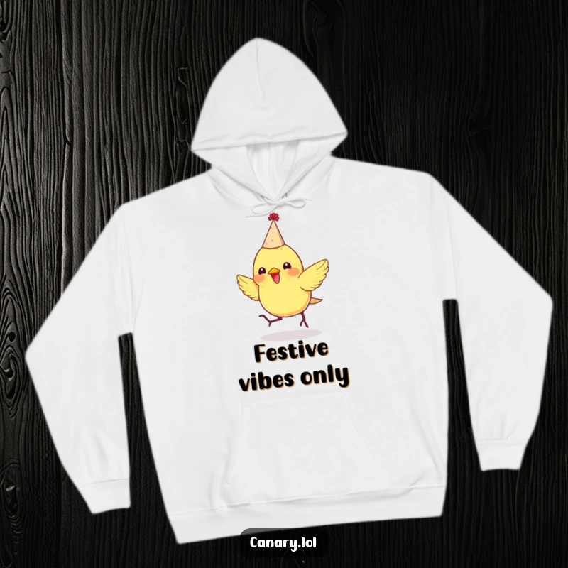 Funny hoodie featuring a tiny canary wearing a party hat, bouncing enthusiastically, perfect for cozy festivities.