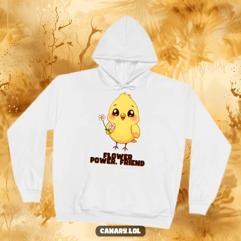 Funny happy canary bird hoodie, bright eyes, offering a flower, cozy and cheerful apparel, animal print.